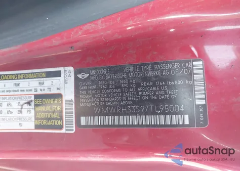 2007 Mini Cooper S z USA, uszkodzony, nr VIN WMWRH33597TL95004